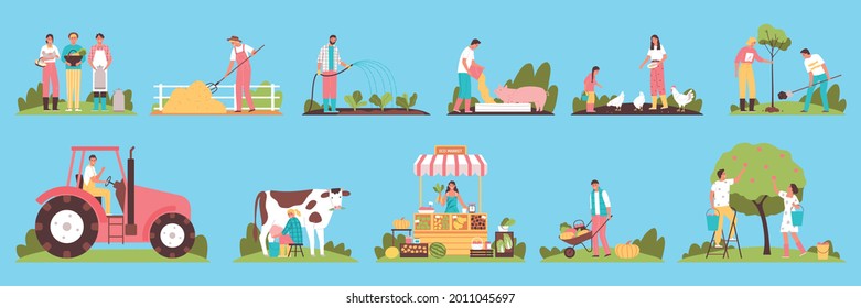 Flat set with farmers harvesting feeding animals planting trees working in garden selling eco products isolated on color background vector illustration