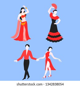 Flat set of flamenco, latino and belly dance, traditional dancer in national costume. Performance dancing.