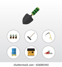 Flat  Set Of Flowerpot, Cutter, Trowel And Other Vector Objects. Also Includes Spatula, Scythe, Saw Elements.