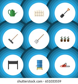 Flat  Set Of Flowerpot, Hacksaw, Harrow And Other Vector Objects. Also Includes Fence, Spade, Harrow Elements.