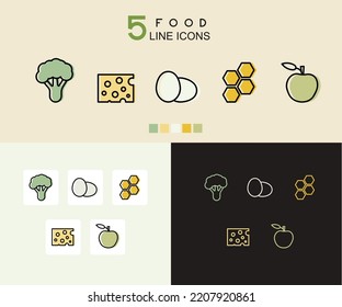 Flat set of food icon vector illustration on white, black and colored background. Healthy and natural food elements for web and mobile applications.