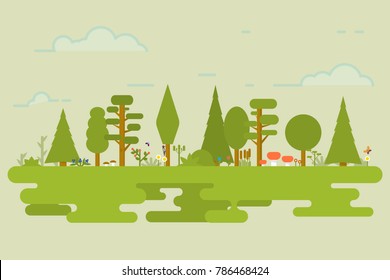 Flat set of forest vegetation landscape. Trees, grass, bushes, butterflies. Background with green nature.
