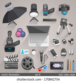 Flat set foto video studio icon style, Technology set 1, Vector illustration