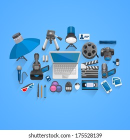 Flat set foto video studio icon style, Technology collection, Vector illustration