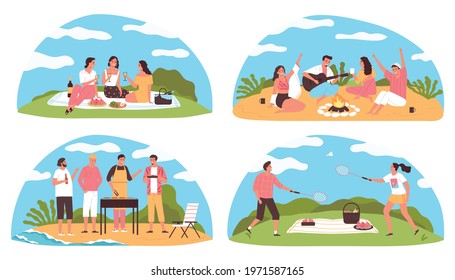 Flat set of four colorful compositions with people having barbecue and picnic outdoors isolated vector illustration
