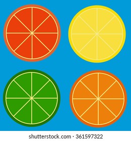Flat set of four different citrus pieces isolated on bright blue. Can be used for button design, decoration of menu pages and tags. Room decoration. 
