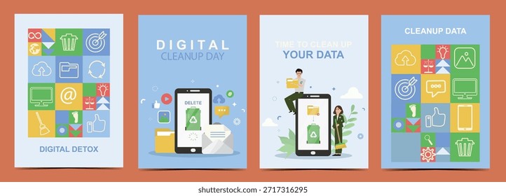 Conjunto plano de quatro cartazes digitais de desintoxicação e limpeza de dados com smartphones, ícones e caracteres, promovendo a despoluição de seus dados e hábitos digitais sustentáveis. Ilustração vetorial