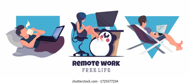 Flat set of freelancers working at home. A girl at a computer, a guy at a work project in bed, a man with a laptop on a chaise longue. Vector illustration of freelancing.