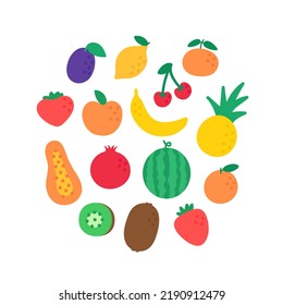 Conjunto plano de frutos en composición circular. Simple ilustración de la comida fresca de fondo blanco.
