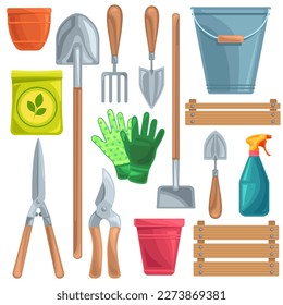 Flat set of gardening equipment and tools on a white isolated background. Bucket, fork, pots, pruner, gloves, cutter, fertilizer, box, spade, rake, spayer, scissors.