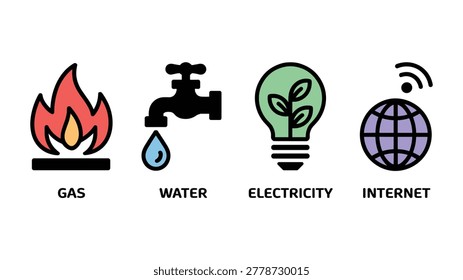 Flat set of gas water electricity and internet symbols on white background flame faucet
