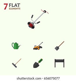 Flat  Set Of Grass-Cutter, Barbecue And Other Vector Objects. Also Includes Cutter, Lawn, Shovel Elements.