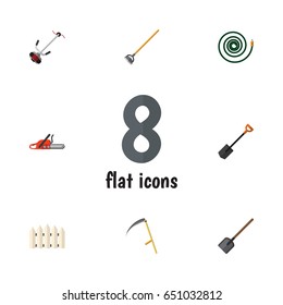 Flat  Set Of Grass-Cutter, Hacksaw, Cutter And Other Vector Objects. Also Includes Hoe, Hosepipe, Fence Elements.