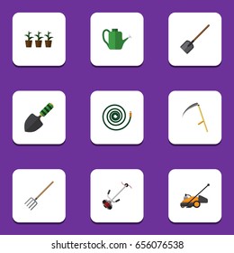 Flat  Set Of Grass-Cutter, Hay Fork, Bailer And Other Vector Objects. Also Includes Can Bailer, Cutter, Botany Elements.