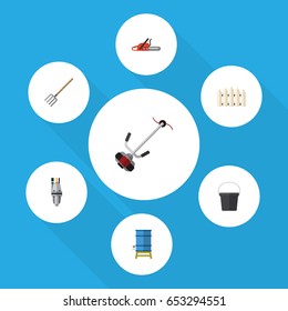 Flat  Set Of Grass-Cutter, Pump, Hacksaw And Other Vector Objects. Also Includes Pail, Water, Saw Elements.