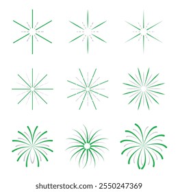 conjunto plano de fogos de artifício verdes, fogos de artifício para decoração de celebração de Ano Novo