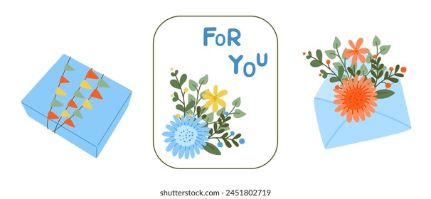 Flat set with greeting items with floral decoration. Floral holiday party concept. Flat colored floral elements and compositions for greeting card. Modern concept in kids pastel colors