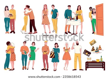 Flat set of guests with gifts and people welcoming them at their party isolated vector illustration