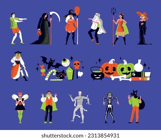 Flat set of halloween attributes and people wearing scary color costumes isolated on blue background vector illustration