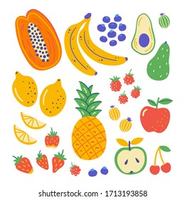 Flat set hand drawn healthy food. Illustration of fruits. Organic products in sketch style. Isolated scandinavian items. Farm market, restaurant menu design, banner, cookbook page.