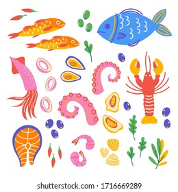 Flat set hand drawn healthy food. Illustration of seafood. Organic products in sketch style. Isolated scandinavian items. Farm market, restaurant menu design, banner, cookbook page.
