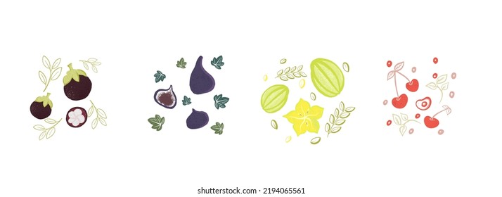 Flat set hand drawn healthy food. Illustration of fruits. Organic products in sketch style. Isolated scandinavian items. Farm market, restaurant menu design, banner, cookbook page.