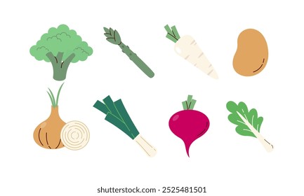 Flat Set Hand Drawn Healthy Food Illustration of Vegetables Vector Isolated on White Background