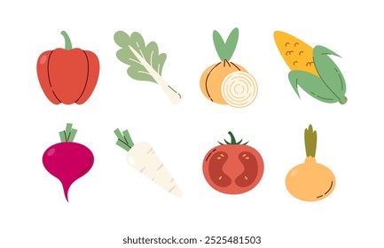Flat Set Hand Drawn Healthy Food Illustration of Vegetables Vector Isolated on White Background