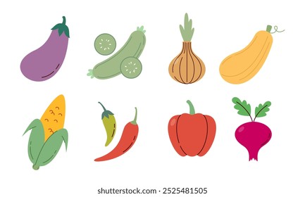Flat Set Hand Drawn Healthy Food Illustration of Vegetables Vector Isolated on White Background