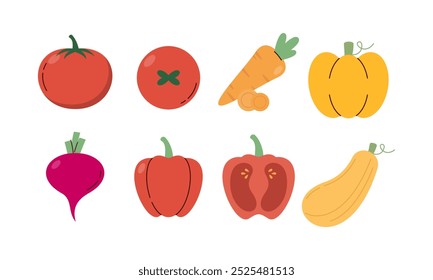 Conjunto plano Mão desenhada saudável ilustração de alimentos de legumes Vetor isolado no fundo branco