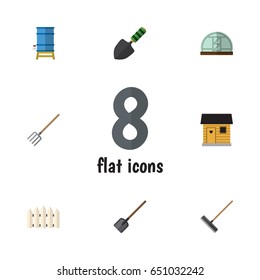 Flat Set Of Harrow, Hay Fork, Hothouse And Other Vector Objects. Also Includes Barrier, Tank, Barn Elements.