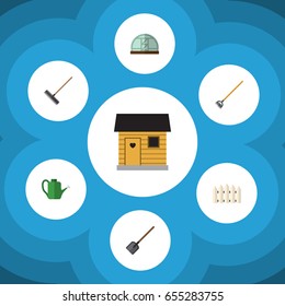 Flat  Set Of Harrow, Tool, Wooden Barrier And Other Vector Objects. Also Includes Barn, Fence, Wooden Elements.