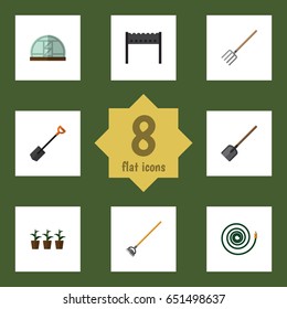 Flat  Set Of Hay Fork, Barbecue, Spade And Other Vector Objects. Also Includes Hose, Plant, Spade Elements.