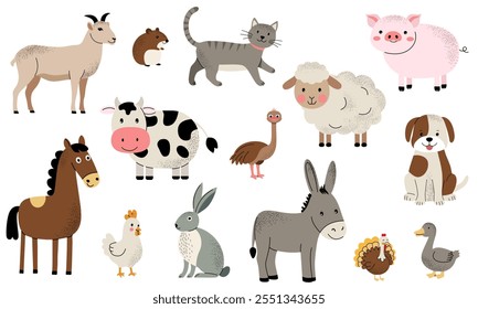 Conjunto plano de animales domésticos, mascotas. Lindo conjunto de animales de granja. Perro, cerdo, caballo, gato, avestruz, vaca, barco. 