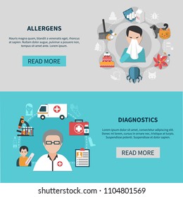 Flat set of horizontal banners with different allergens and allergy diagnostics isolated vector illustration