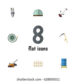 Flat  Set Of Hosepipe, Grass-Cutter, Pump And Other Vector Objects. Also Includes Pump, Cutter, Farm Elements.
