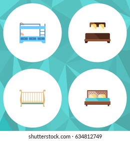 Flat  Set Of Hostel, Bunk Bed, Cot And Other Vector Objects. Also Includes Crib, Bunk, Double Elements.