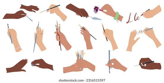 Flat set of human hands holding paintbrushes pencils spatula crayon isolated vector illustration