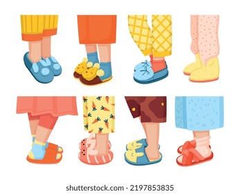Flat set of human legs wearing colourful soft house slippers and pyjamas isolated vector illustration