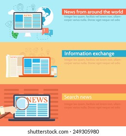 Flat set icon banners news spread in the world network background concept. Vector illustration design. Template for website and mobile appliance 