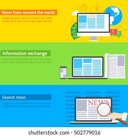 Flat set icon banners news spread in the world network background concept. Vector illustration design. Template for website and mobile appliance 