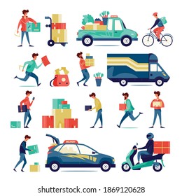Flat set of icons with delivery men vehicles boxes isolated on white background vector illustration