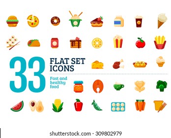 Flat set icons. Fast and healthy food.