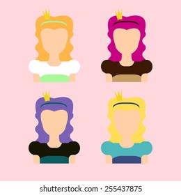 Flat Set of icons. Female icons. Princess.