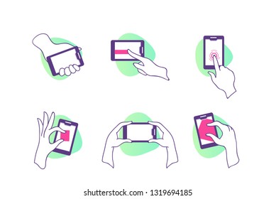Flat set icons with hands with smartphone with touchscreen. Concept collection mobilephone, testing device. Vector illustration.