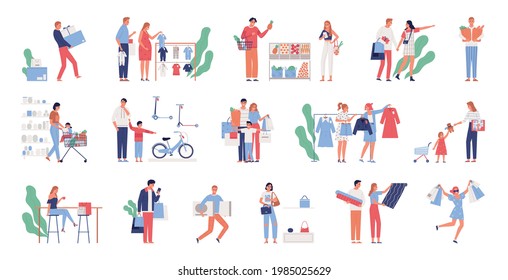 Flat set of icons with people doing shopping in various stores alone and with family isolated vector illustration