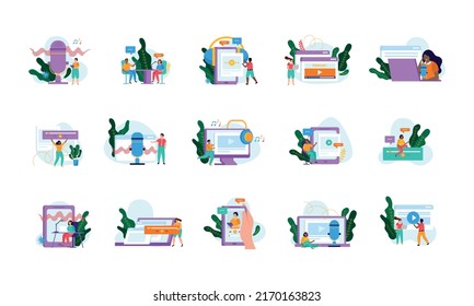 Flat set of icons with people listening to podcasts and podcasters speaking in microphone isolated vector illustration