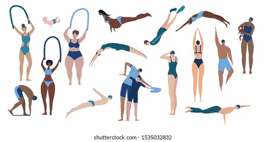 Flat set of icons with people swimming diving and training in pool isolated on white background vector illustration