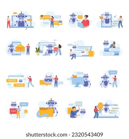 Flat set of icons with people using chatbot services isolated vector illustration