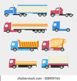 Flat set of icons trucks. Heavy trucks, fuel truck, dump truck, logistics, land transport, delivery and freight elevator. Vector illustration